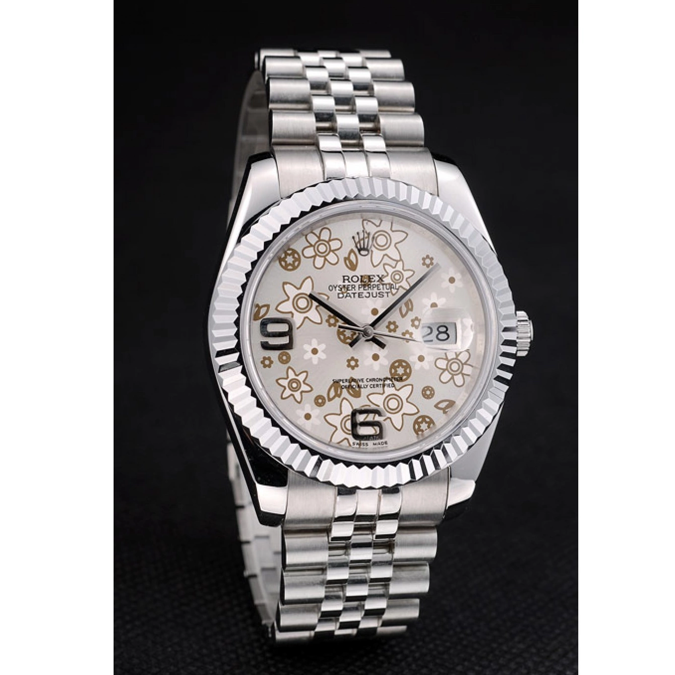 Aaa replica watch Bezel Dial Silver Flower Rolex Stainless DateJust 41983 Ribbed Steel 0605